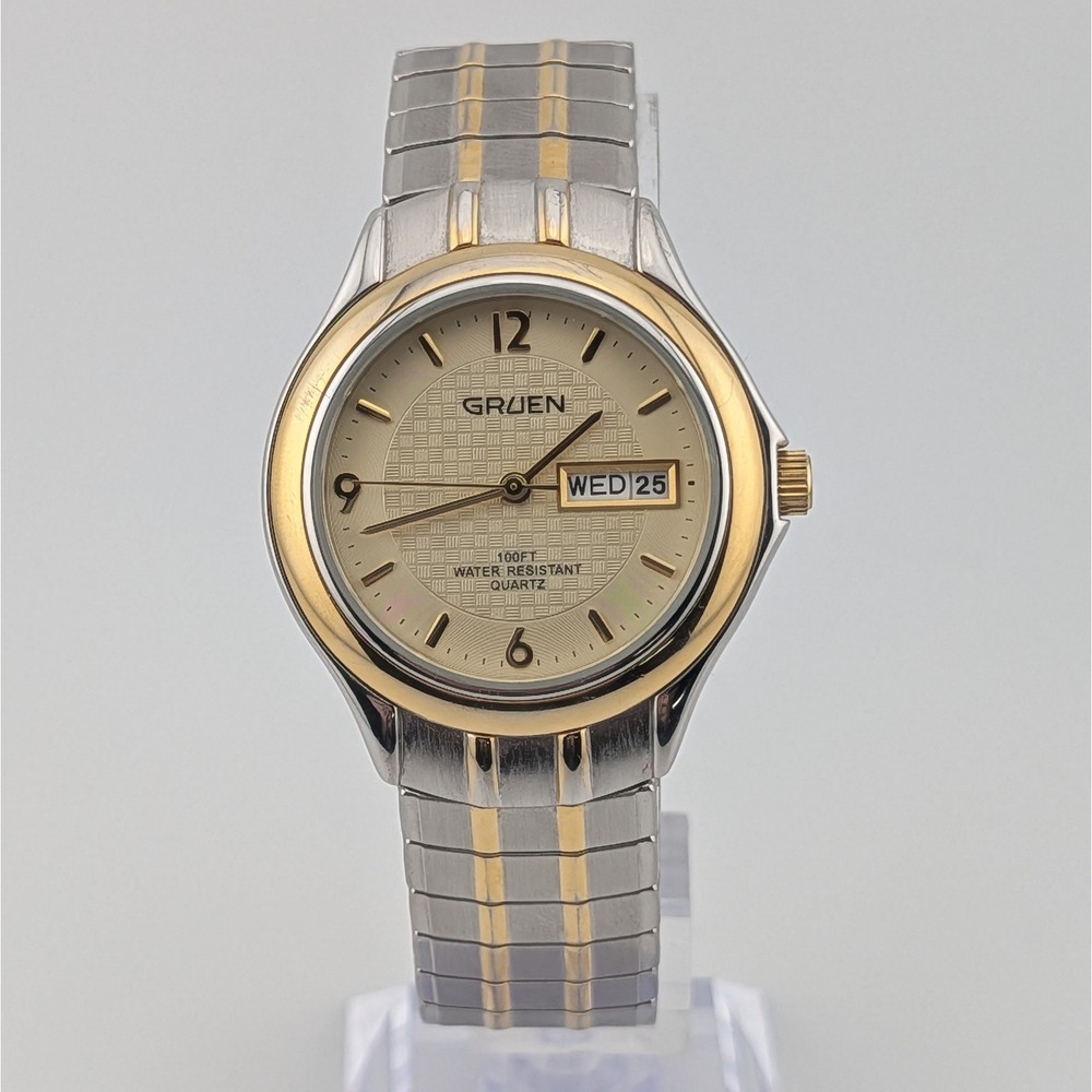 Gruen GU1177‎ Mens Quartz Day Date Watch Two Tone Gold Silver Textured Dial